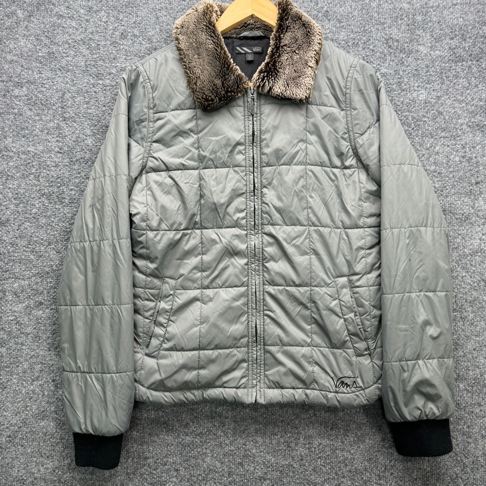 Vans VN-0NZD1LG Puffer Jacket Womens Medium Gray Faux Fur Collar Outdoor